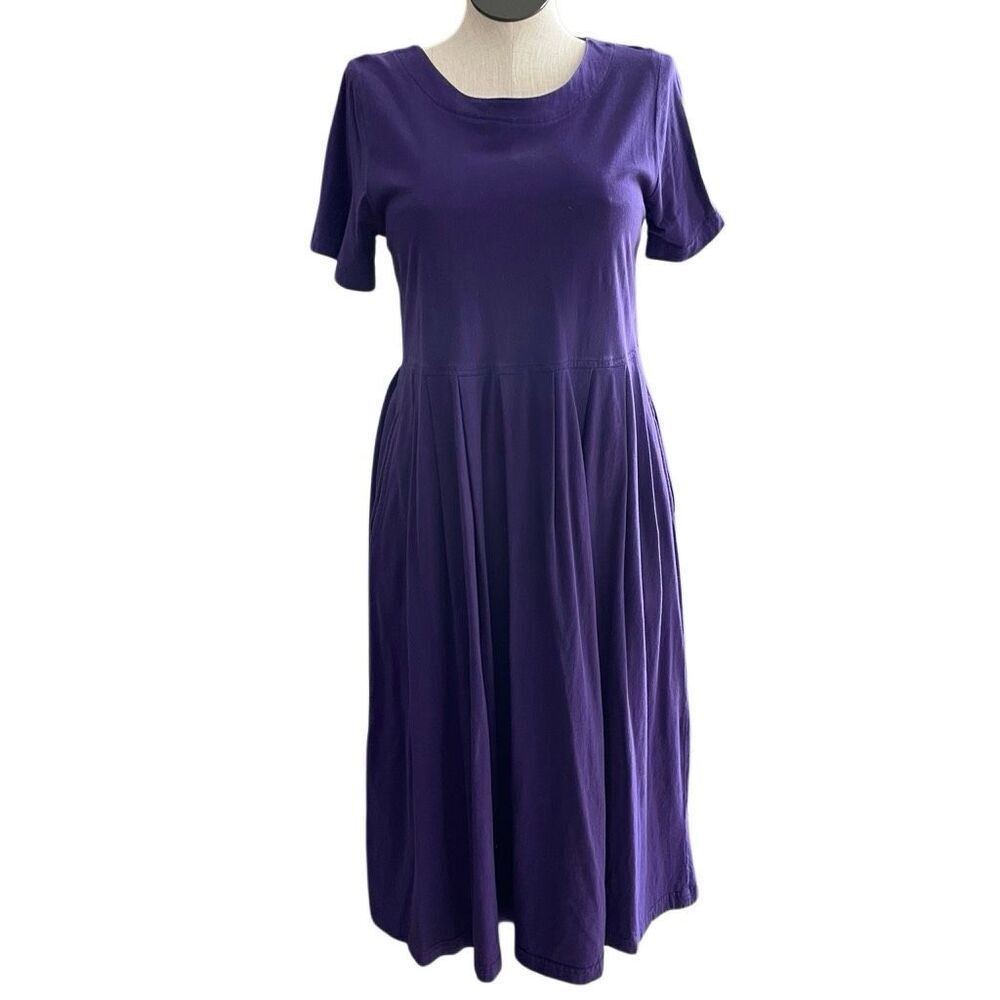 Vtg Short Sleeve Maxi Dress M Purple Modest 100% Cotton Jersey Knit Basque Waist